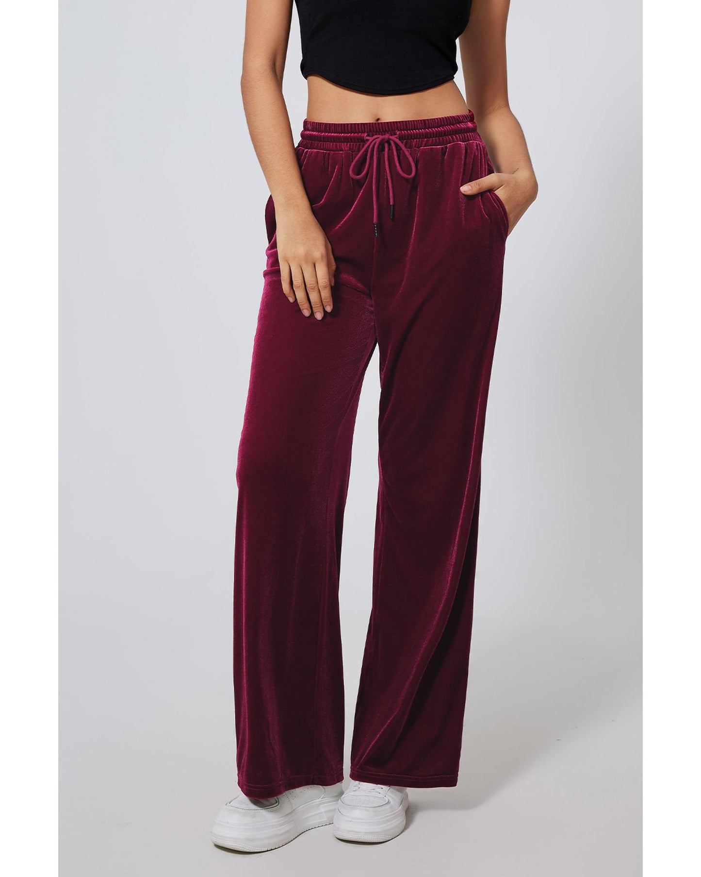 Burgundy Solid Drawstring Waist Wide Leg Pants - M
