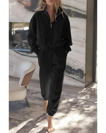 Black Half Zip up Pullover Active Top and Joggers Set - 2XL