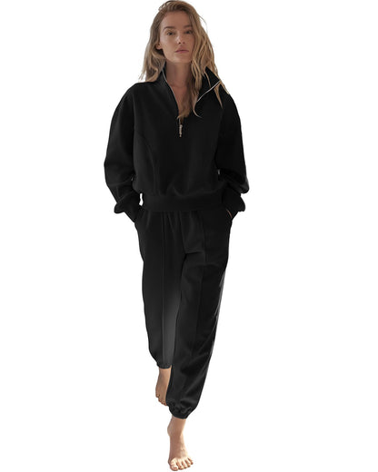 Black Half Zip up Pullover Active Top and Joggers Set - L