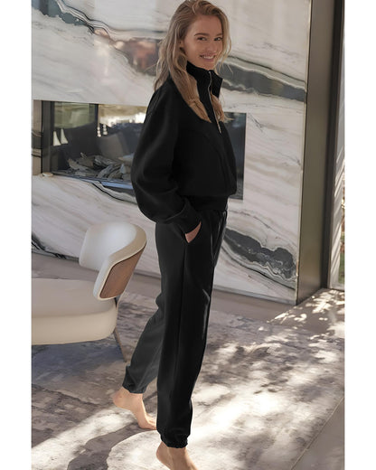 Black Half Zip up Pullover Active Top and Joggers Set - S