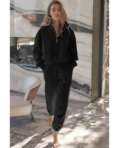 Black Half Zip up Pullover Active Top and Joggers Set - S
