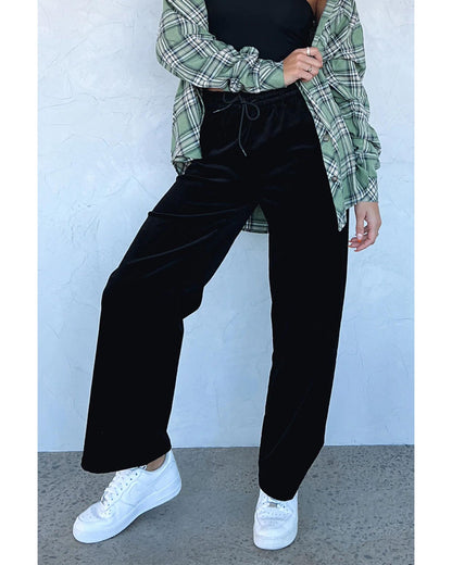 Black Solid Drawstring Waist Wide Leg Pants - XL