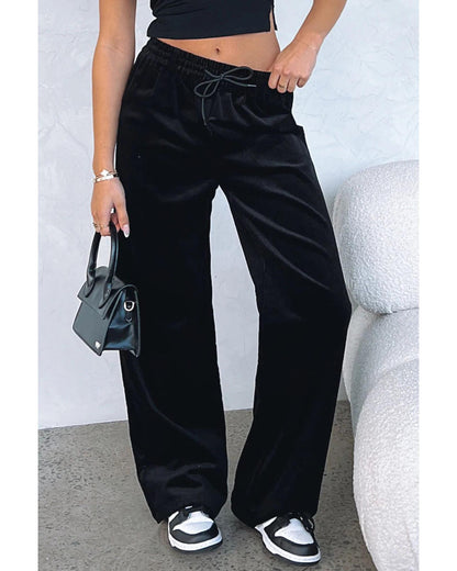Black Solid Drawstring Waist Wide Leg Pants - XL
