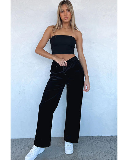 Black Solid Drawstring Waist Wide Leg Pants - XL