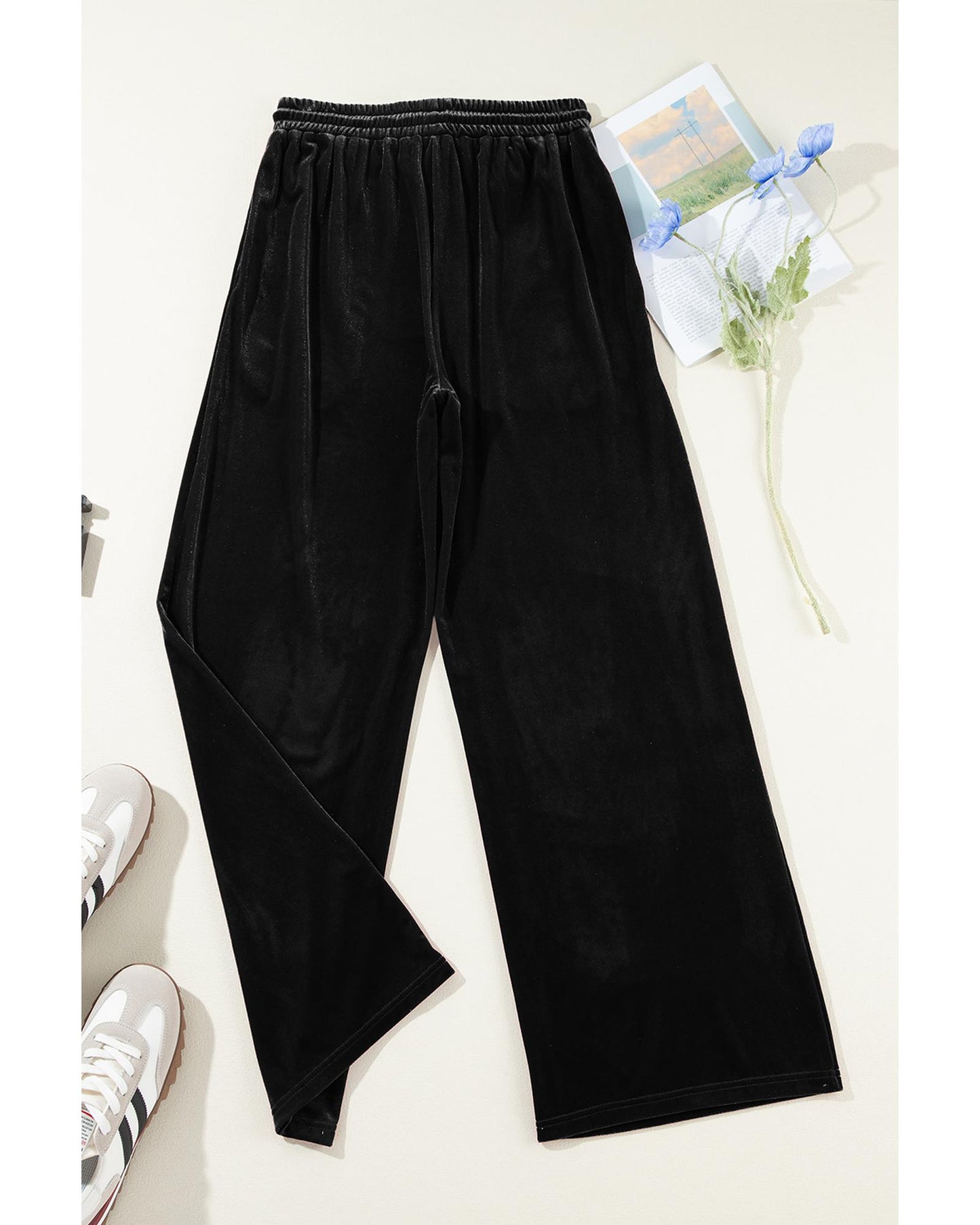 Black Solid Drawstring Waist Wide Leg Pants - XL