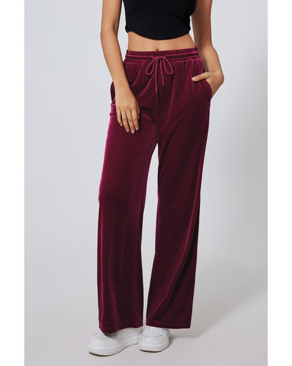 Burgundy Solid Drawstring Waist Wide Leg Pants - L