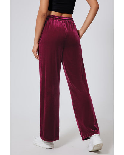 Burgundy Solid Drawstring Waist Wide Leg Pants - L