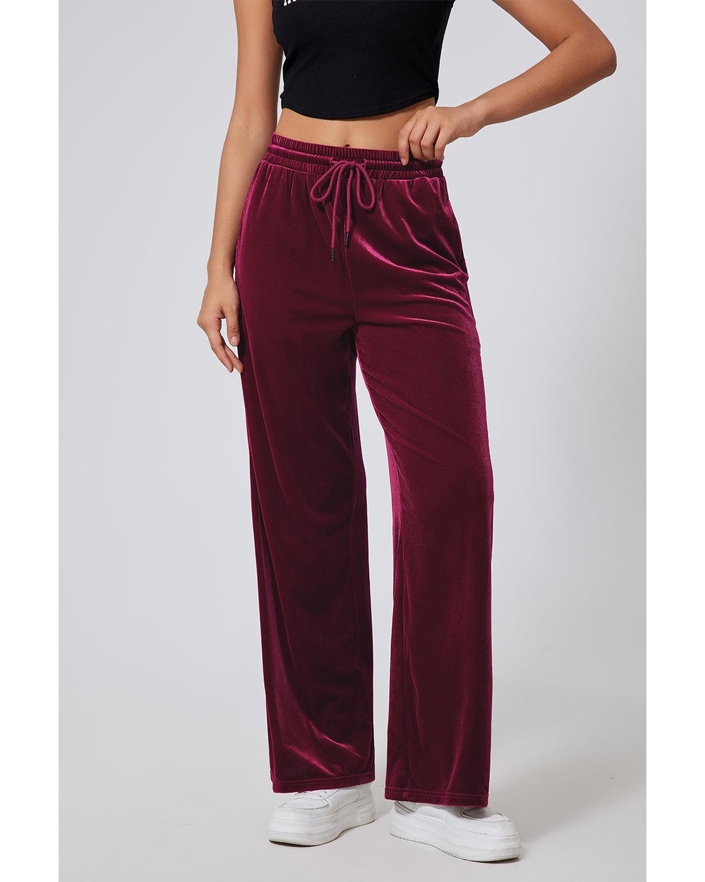 Burgundy Solid Drawstring Waist Wide Leg Pants - L