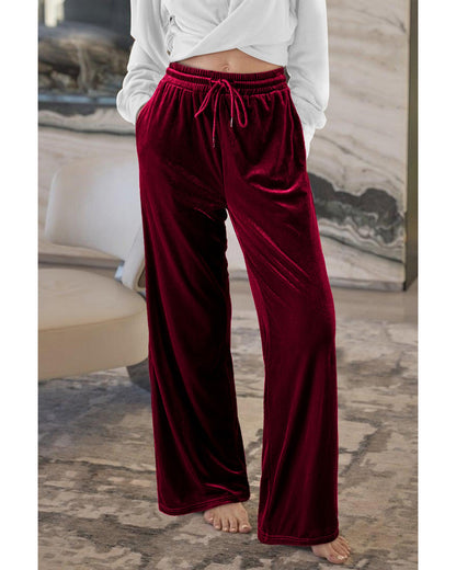 Burgundy Solid Drawstring Waist Wide Leg Pants - L
