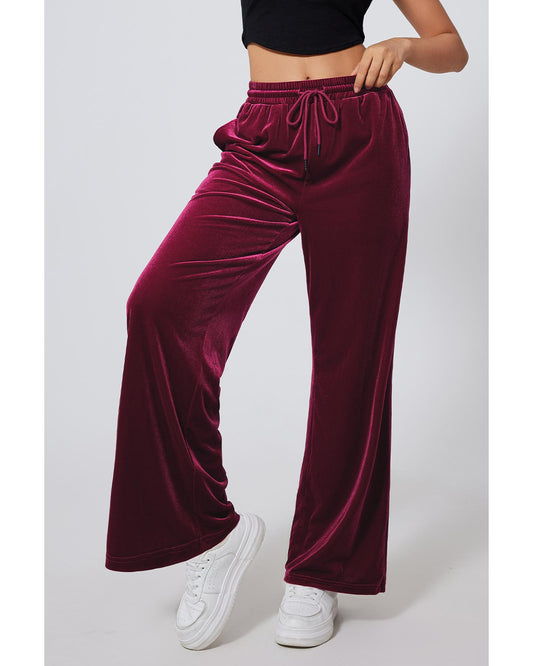 Burgundy Solid Drawstring Waist Wide Leg Pants - S