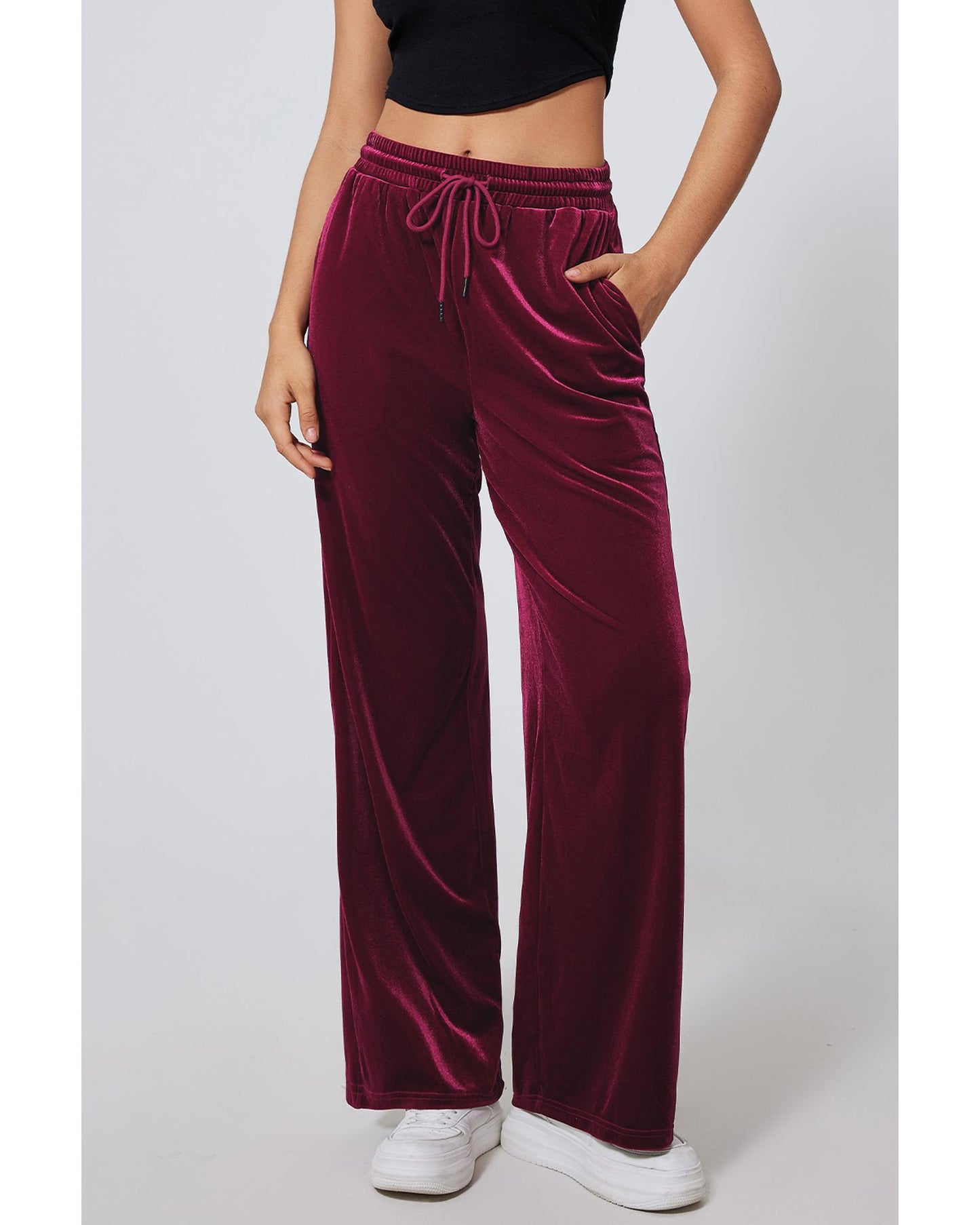 Burgundy Solid Drawstring Waist Wide Leg Pants - S