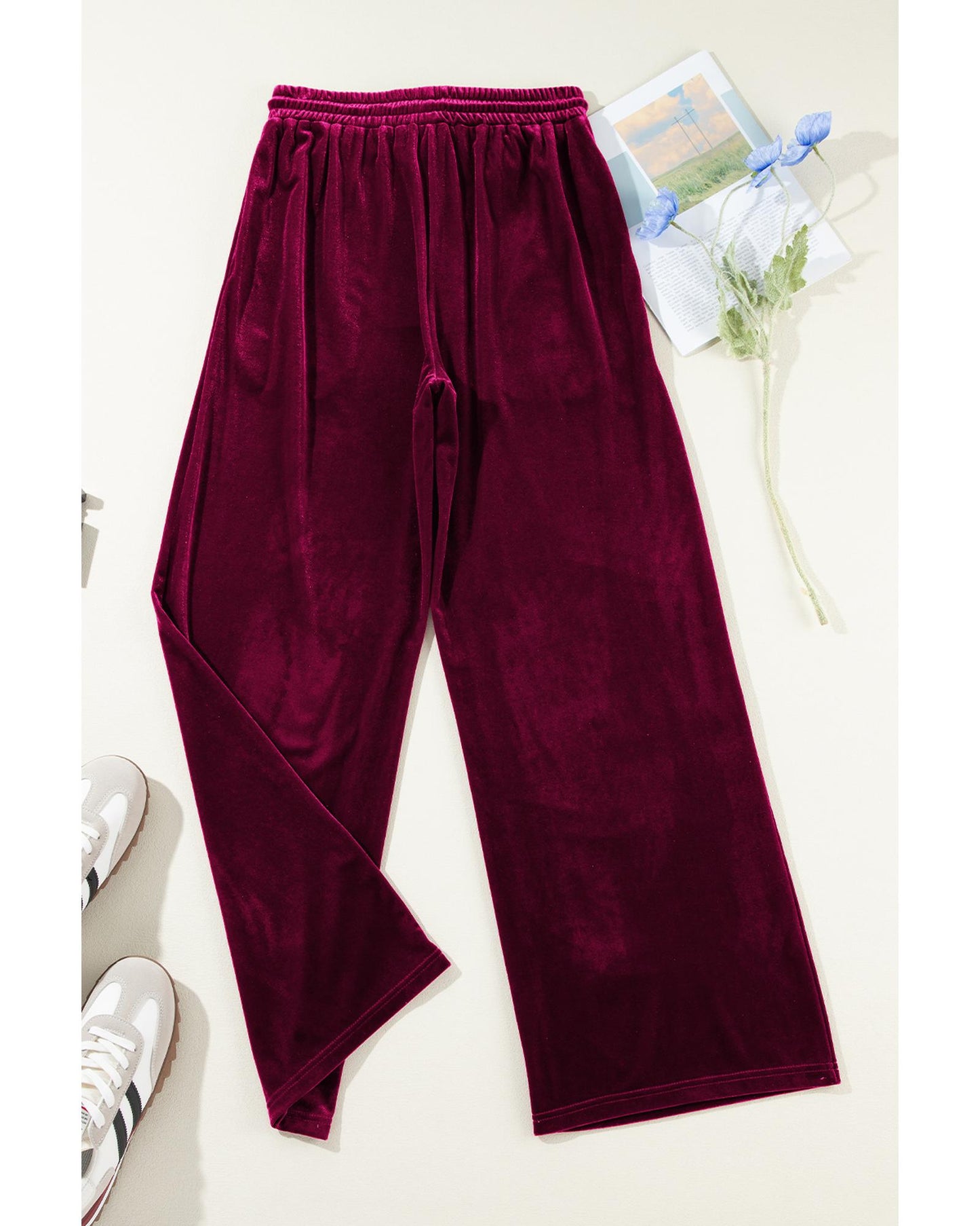 Burgundy Solid Drawstring Waist Wide Leg Pants - XL