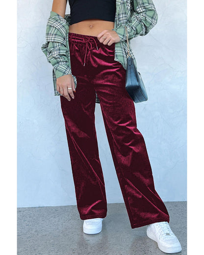 Burgundy Solid Drawstring Waist Wide Leg Pants - XL