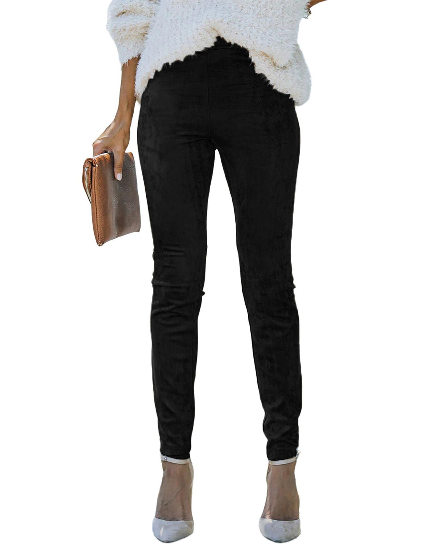 Black High Waist Faux Suede Skinny Leggings - M