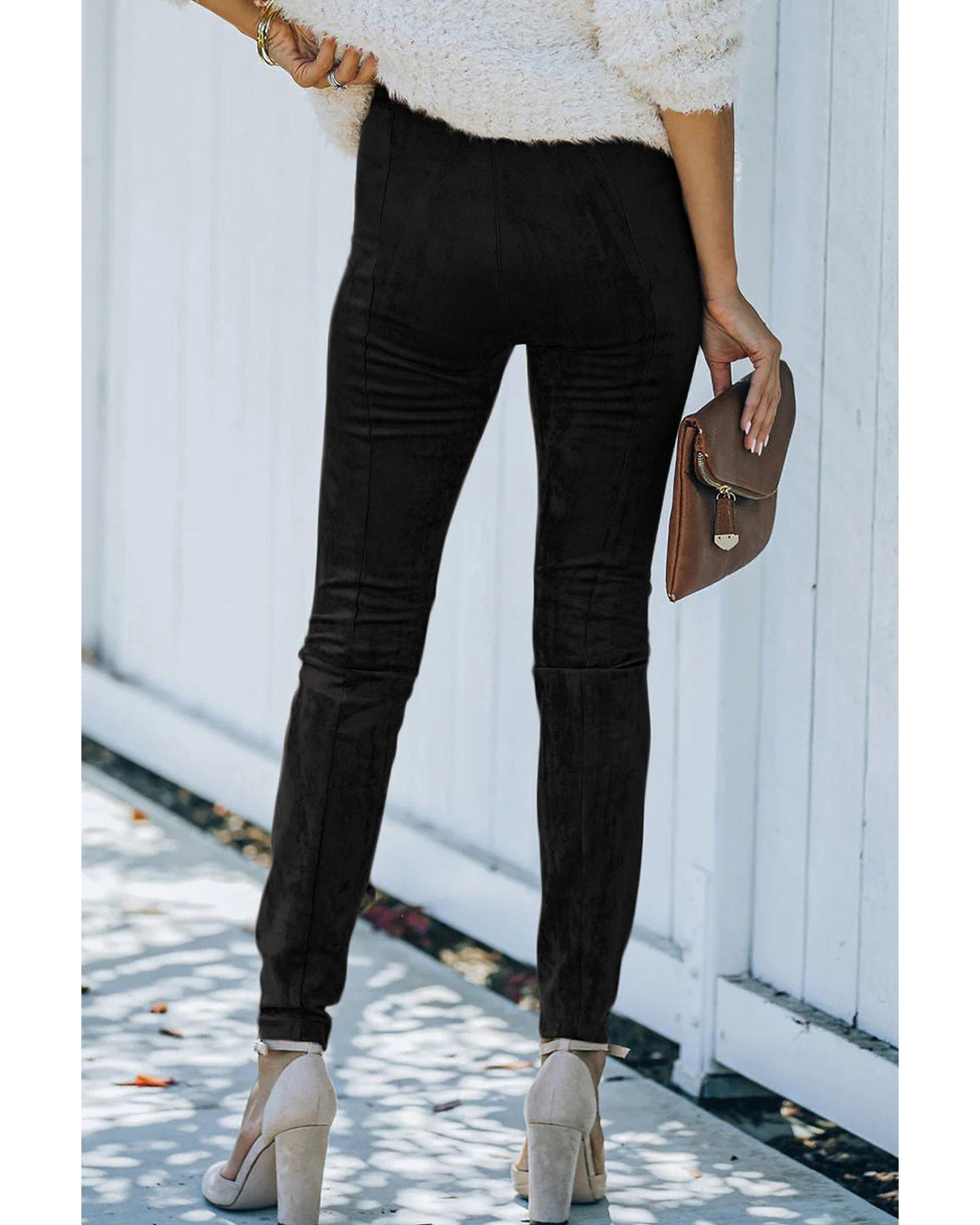 Black High Waist Faux Suede Skinny Leggings - M