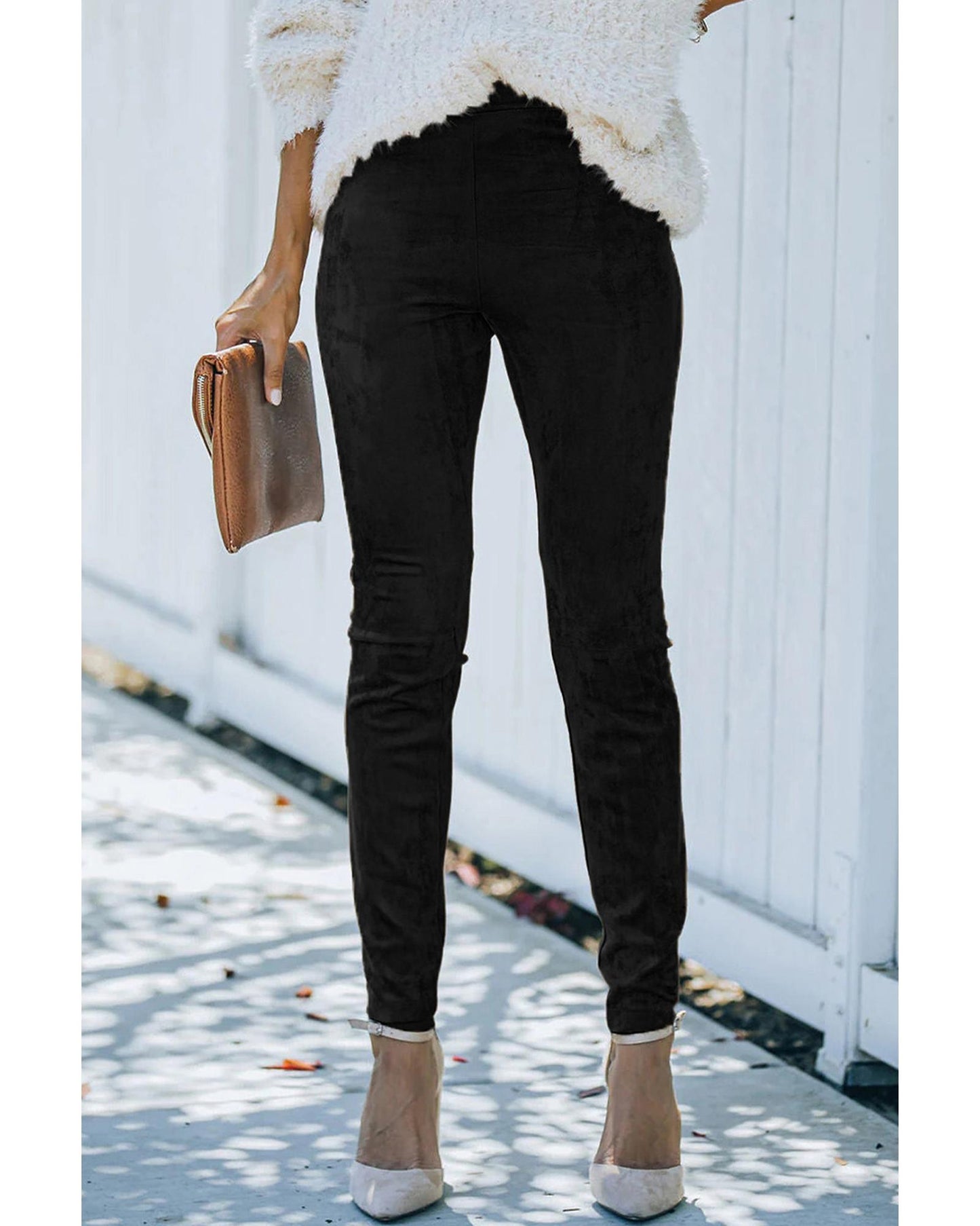 Black High Waist Faux Suede Skinny Leggings - M