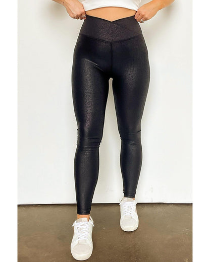 Black Crossed Dip Waist Sleek Leather Leggings - S