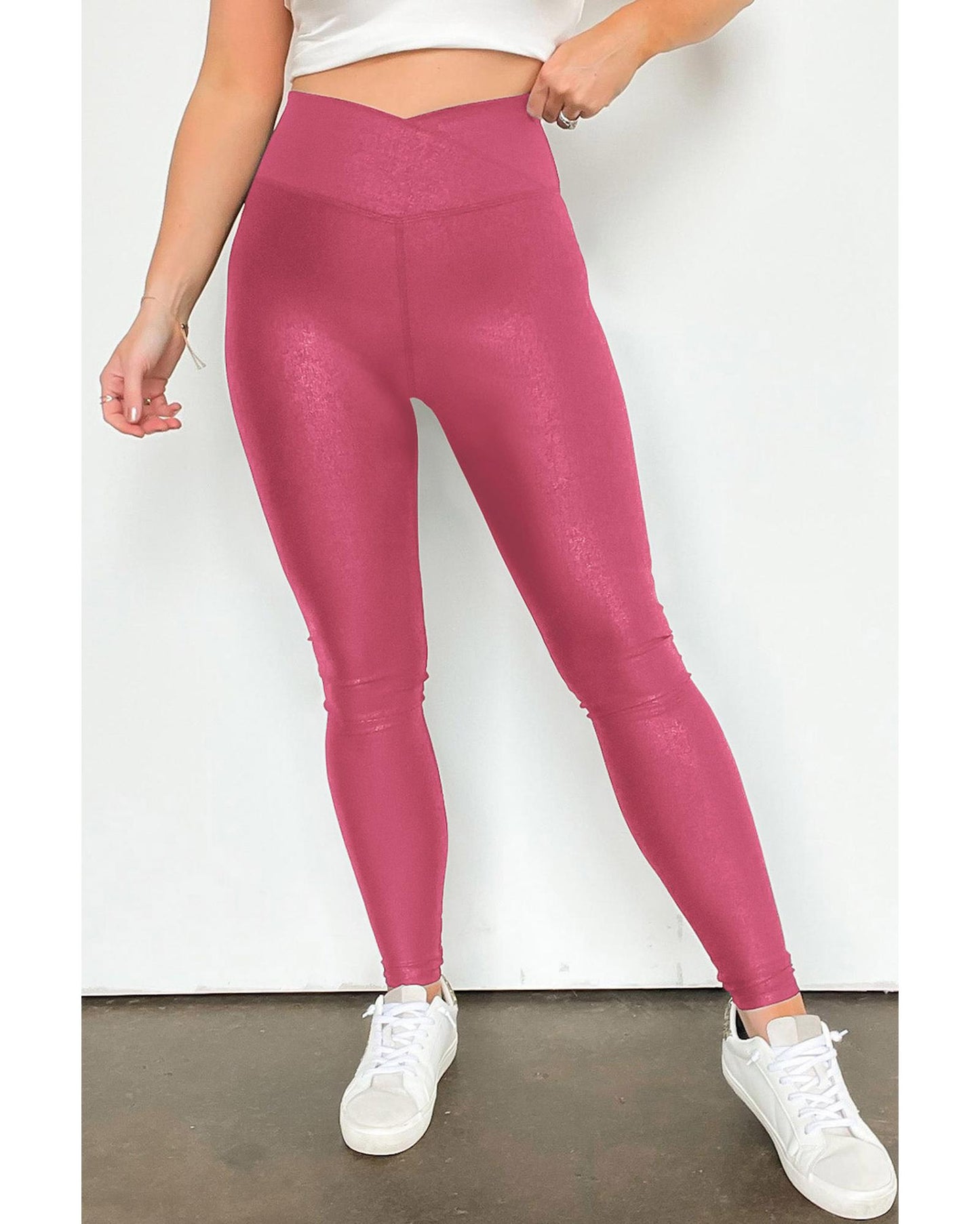 Rose Red Crossed Dip Waist Sleek Leather Leggings - L