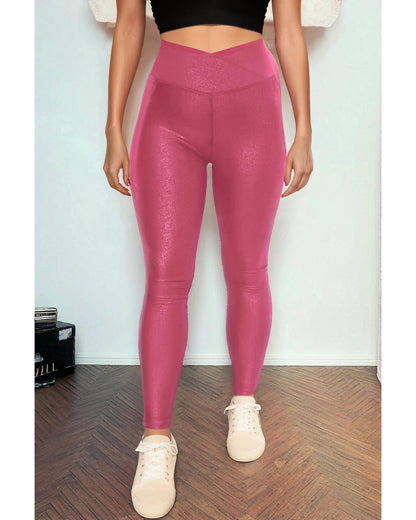 Rose Red Crossed Dip Waist Sleek Leather Leggings - L