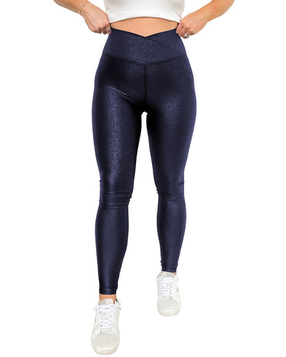 Navy Blue Crossed Dip Waist Sleek Leather Leggings - M