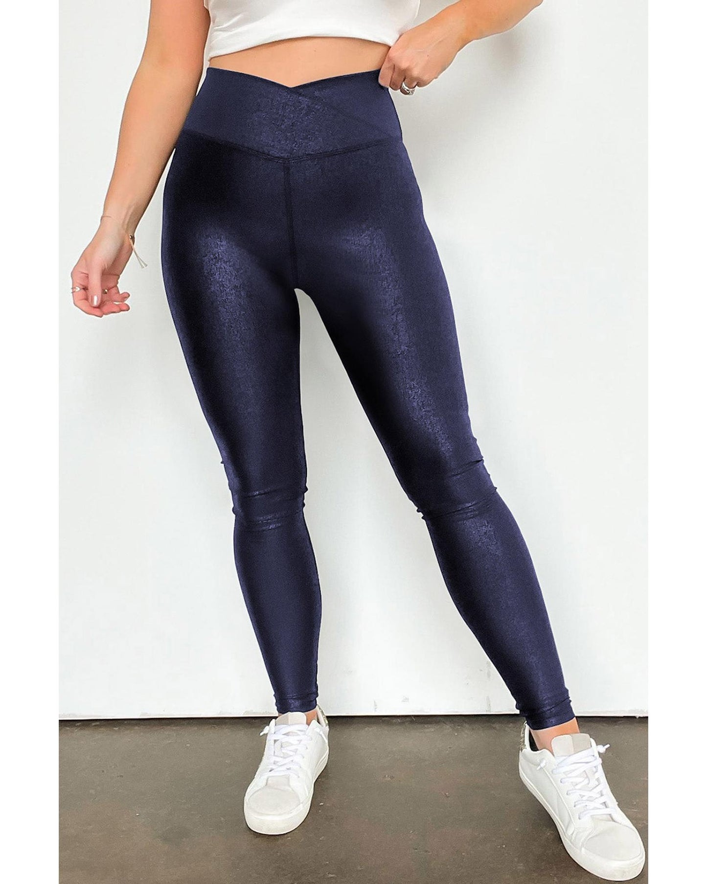 Navy Blue Crossed Dip Waist Sleek Leather Leggings - XL