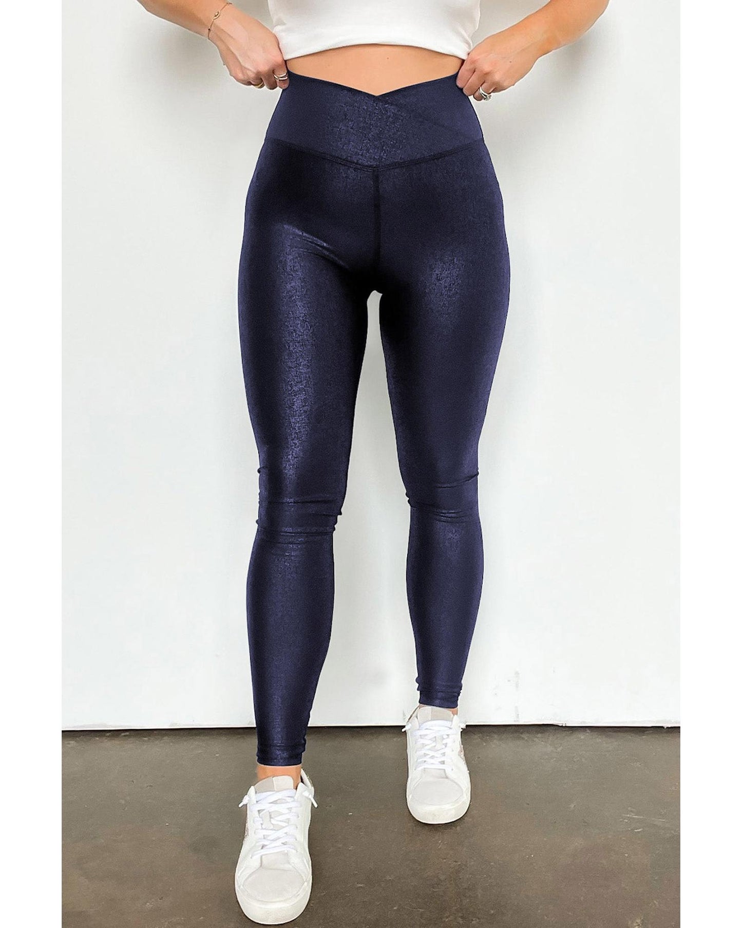 Navy Blue Crossed Dip Waist Sleek Leather Leggings - XL
