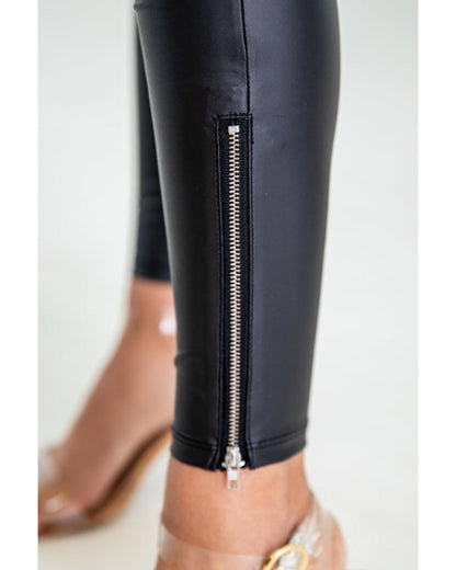 Black Faux Leather Zipped Detail Leggings - L