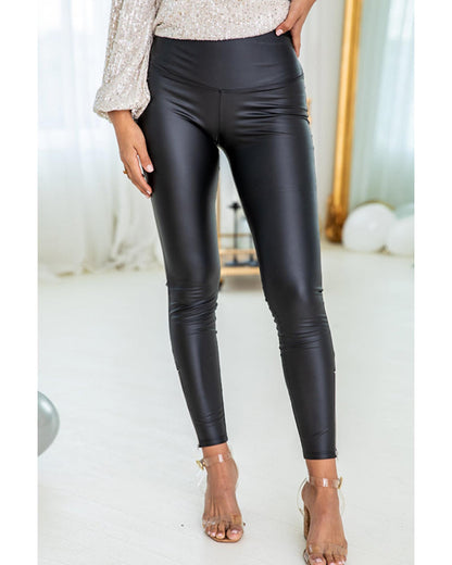Black Faux Leather Zipped Detail Leggings - M