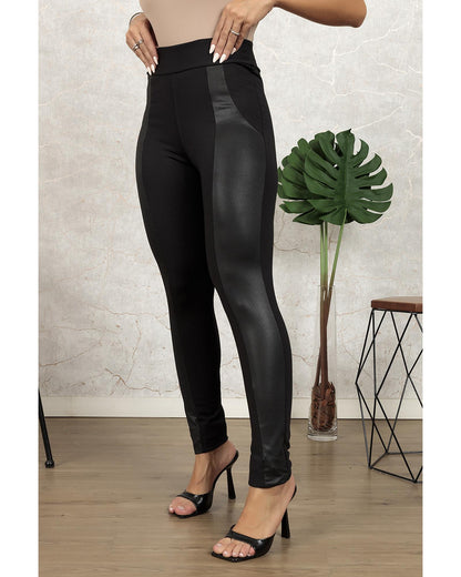 Black Leather Panel Patchwork High Waist Leggings - XL