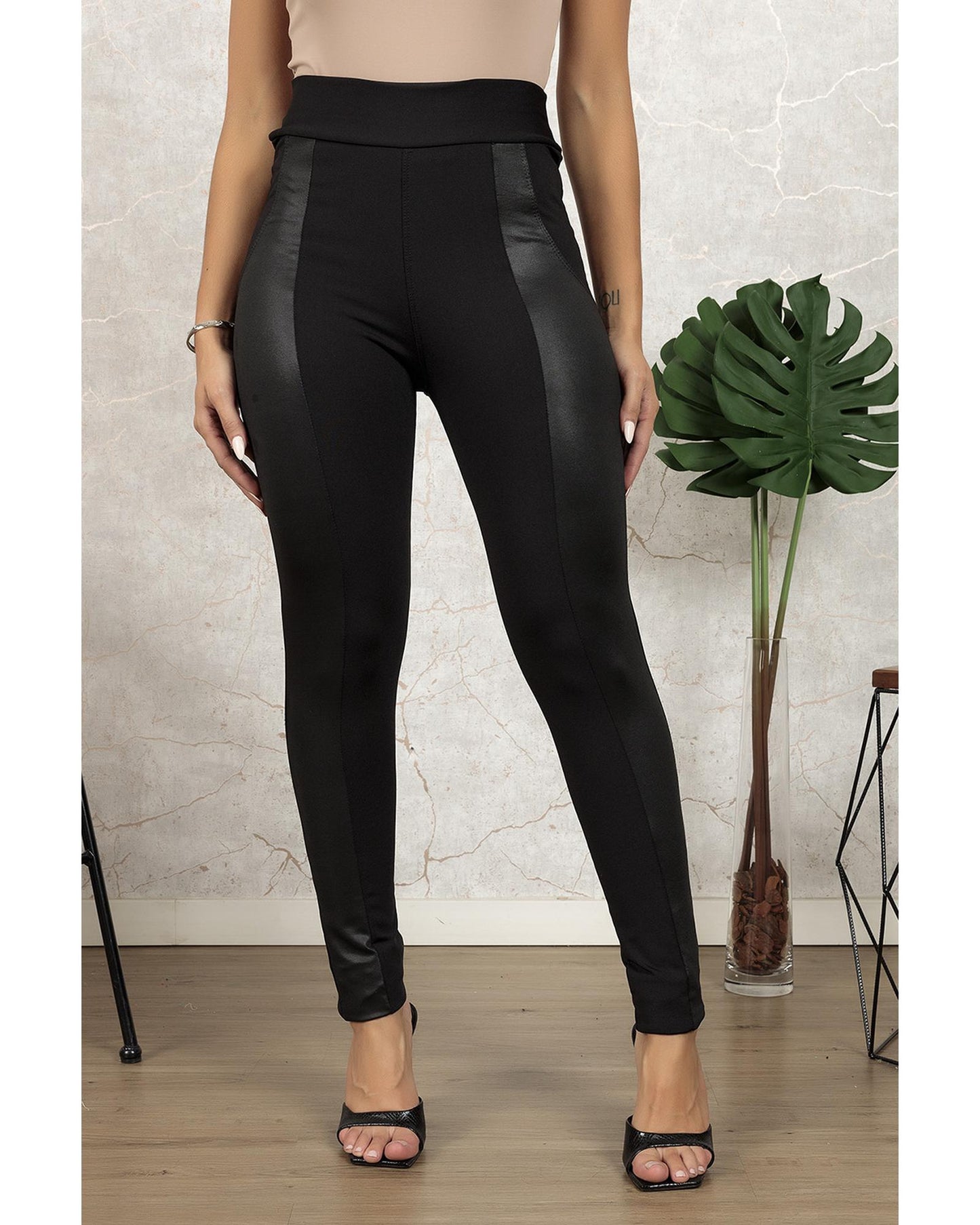 Black Leather Panel Patchwork High Waist Leggings - XL