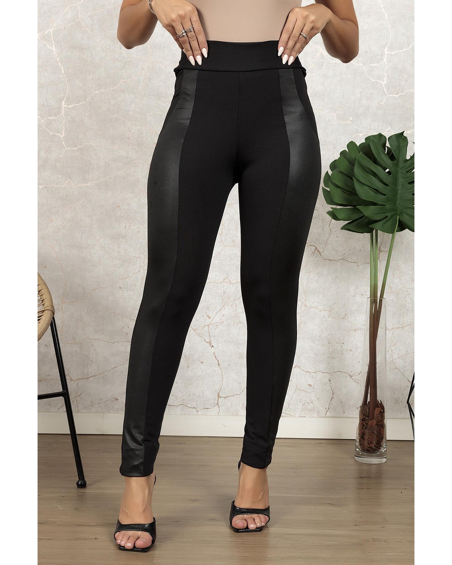 Black Leather Panel Patchwork High Waist Leggings - XL