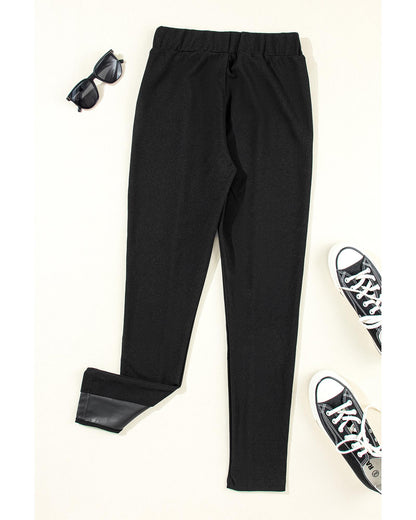 Black Leather Panel Patchwork High Waist Leggings - XL