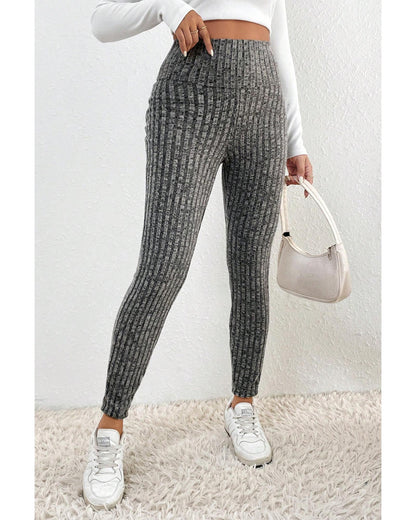 Gray Wide Waistband Ribbed Textured Knit Leggings - L