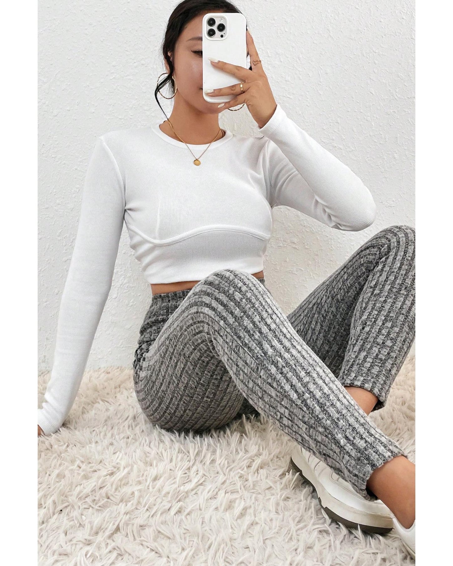 Gray Wide Waistband Ribbed Textured Knit Leggings - L
