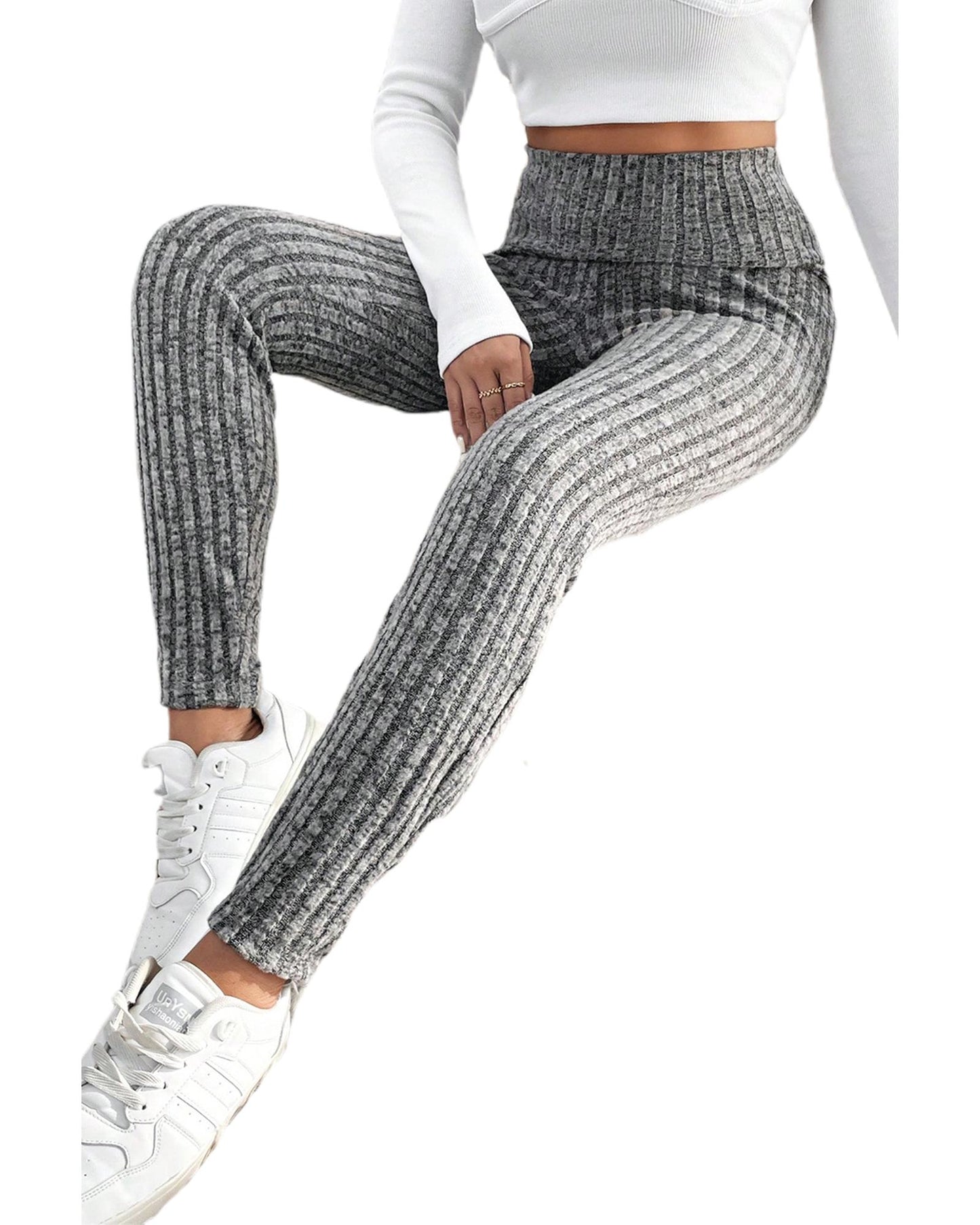 Gray Wide Waistband Ribbed Textured Knit Leggings - S