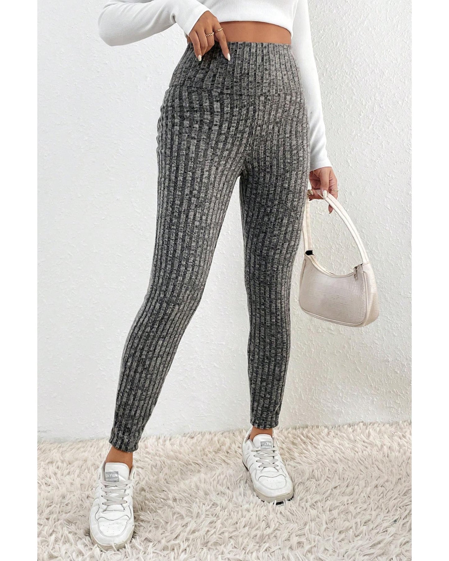 Gray Wide Waistband Ribbed Textured Knit Leggings - XL