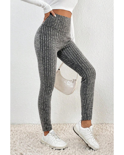 Gray Wide Waistband Ribbed Textured Knit Leggings - XL