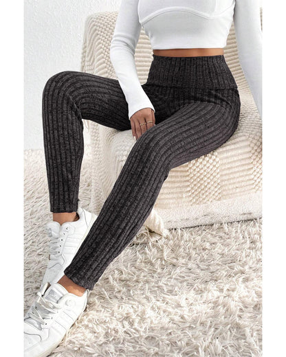 Dark Grey Wide Waistband Ribbed Textured Knit Leggings - S