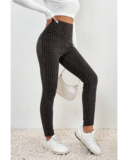 Dark Grey Wide Waistband Ribbed Textured Knit Leggings - S
