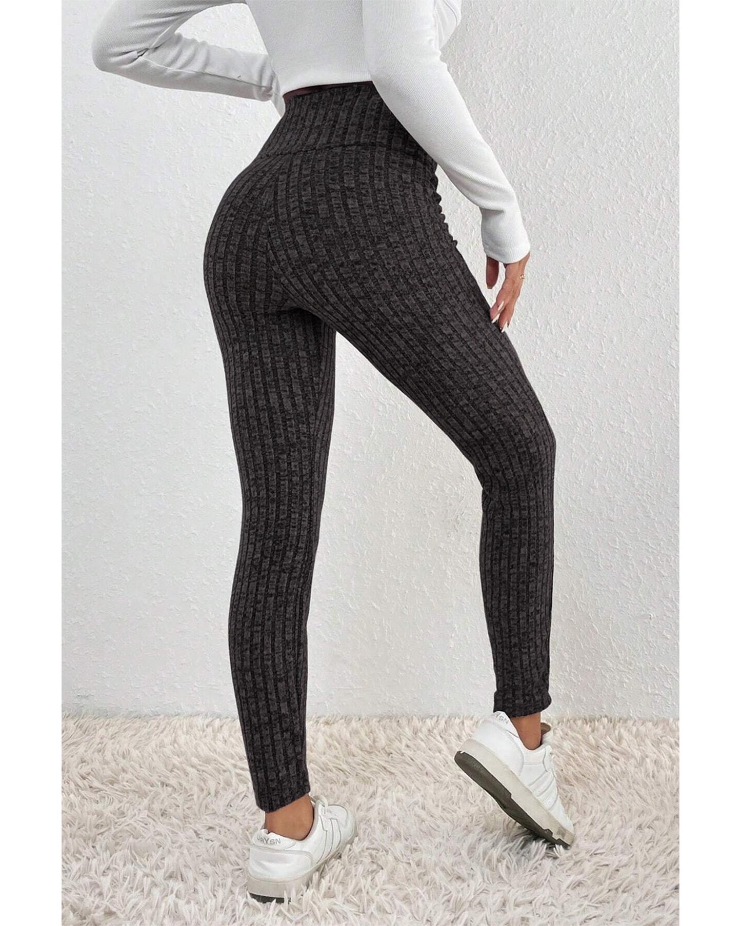 Dark Grey Wide Waistband Ribbed Textured Knit Leggings - S