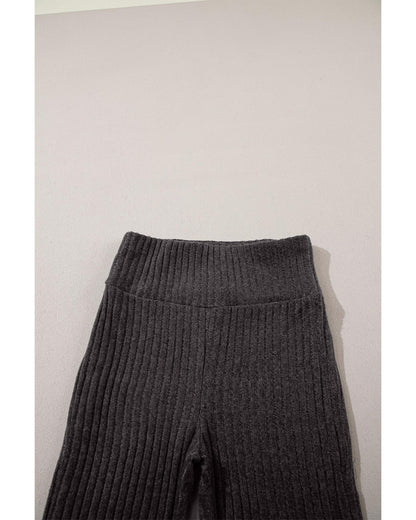 Dark Grey Wide Waistband Ribbed Textured Knit Leggings - S