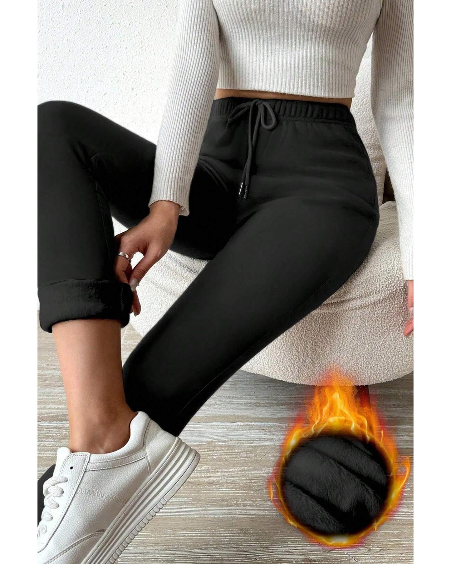 Black Thermal Lined Drawstring High Waist Leggings - L