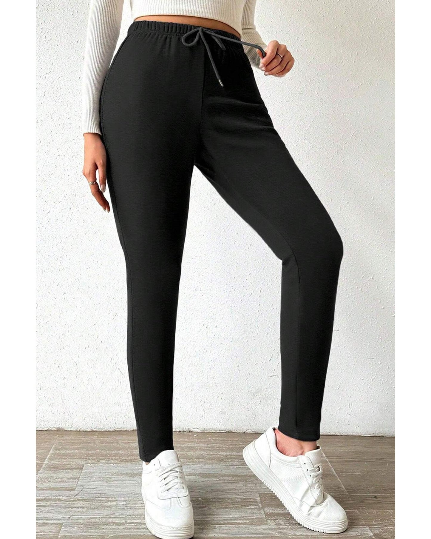 Black Thermal Lined Drawstring High Waist Leggings - M