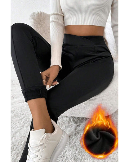 Black Crossed Waist Seamed Leg Thermal Leggings - L