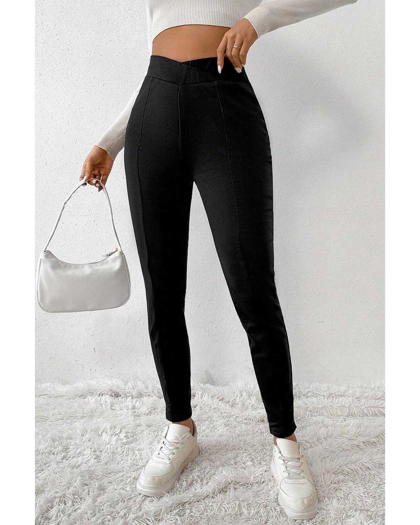 Black Crossed Waist Seamed Leg Thermal Leggings - L