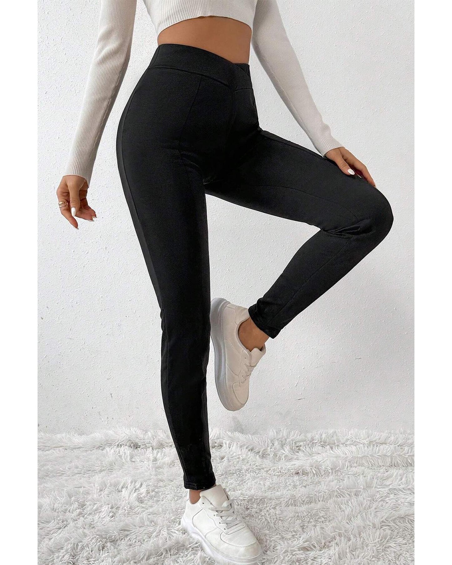 Black Crossed Waist Seamed Leg Thermal Leggings - L