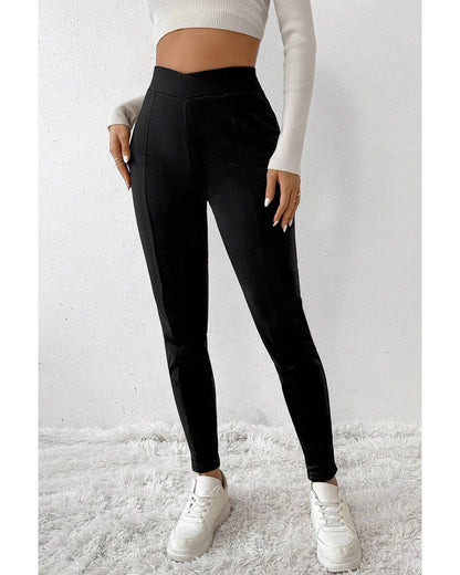 Black Crossed Waist Seamed Leg Thermal Leggings - M