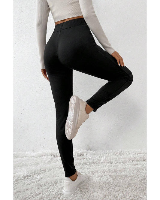 Black Crossed Waist Seamed Leg Thermal Leggings - XL