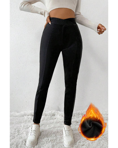 Black Crossed Waist Seamed Leg Thermal Leggings - XL