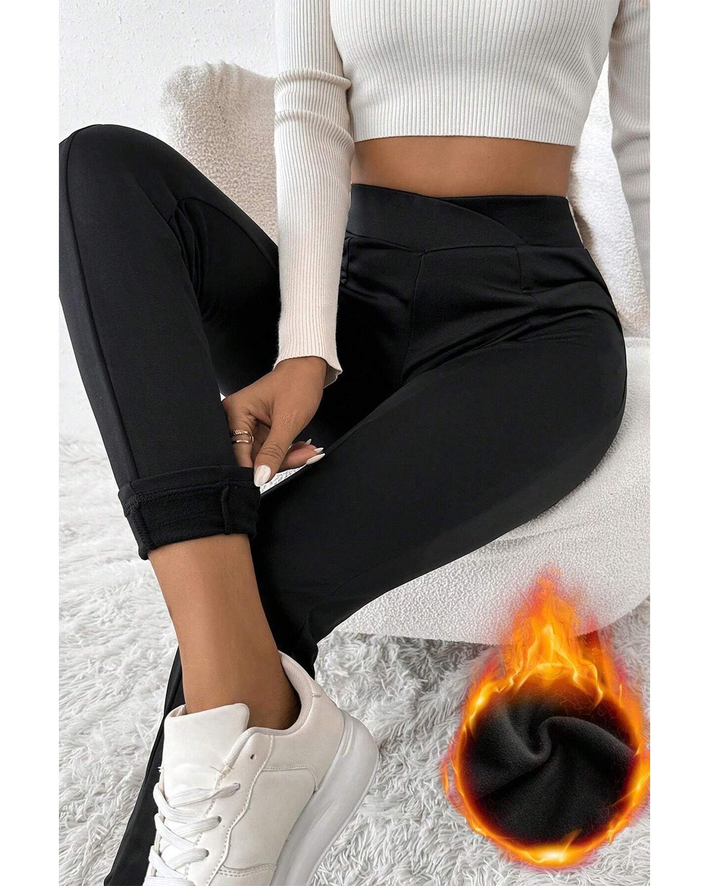Black Crossed Waist Seamed Leg Thermal Leggings - XL
